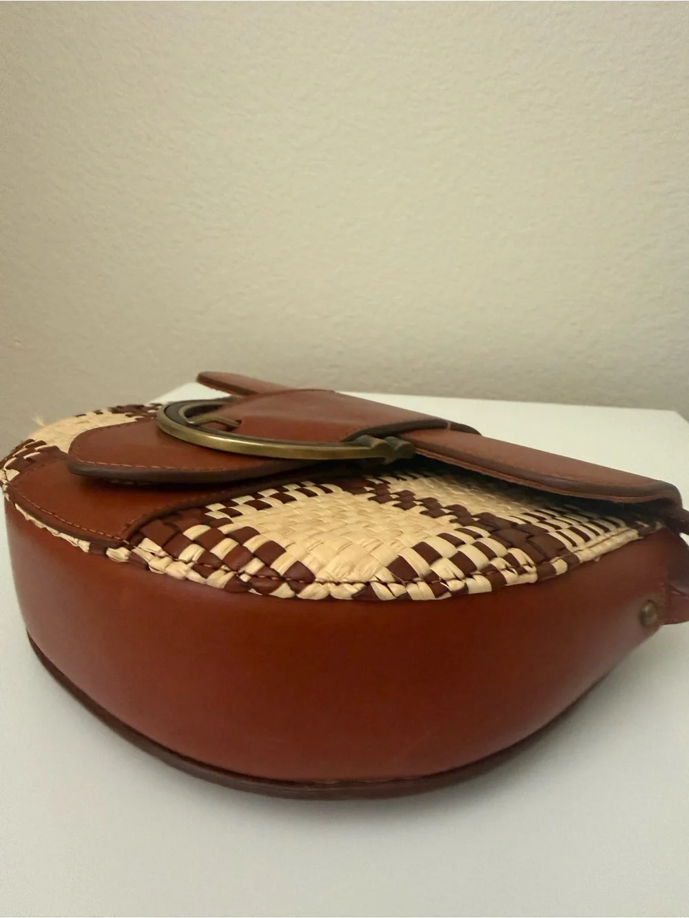 Sézane Brown and Cream Woven Leather Crossbody T Sac Raphia Camel